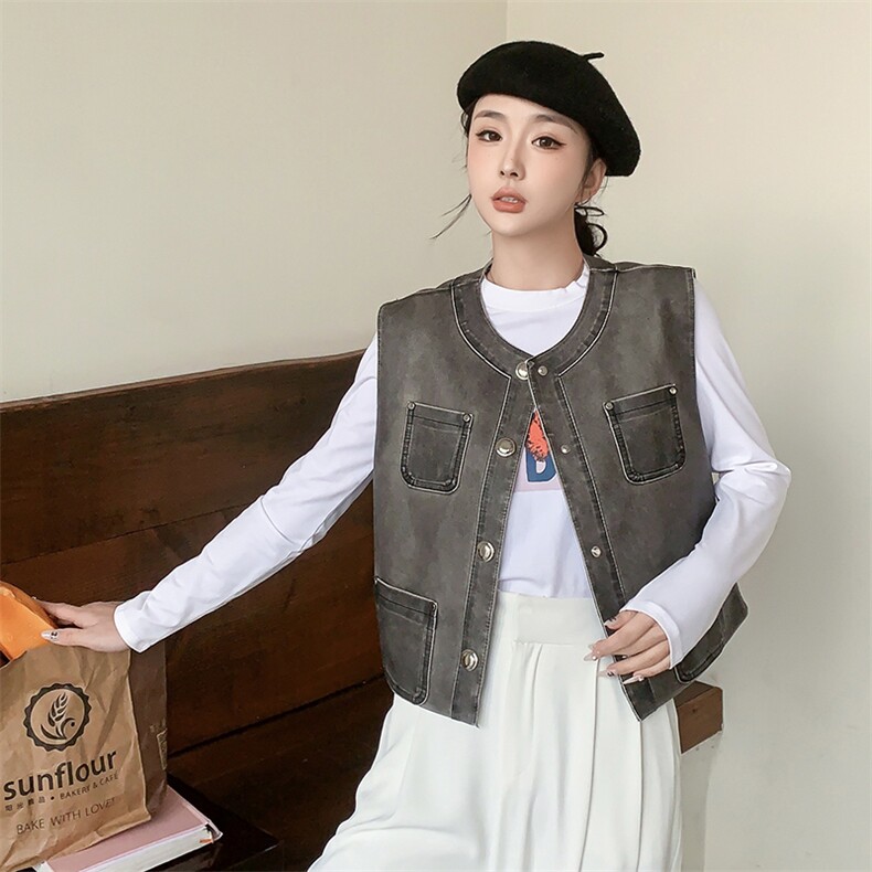 2024春装新款率性气质感多口袋皮马甲,女装皮衣,美拉德工厂直营店