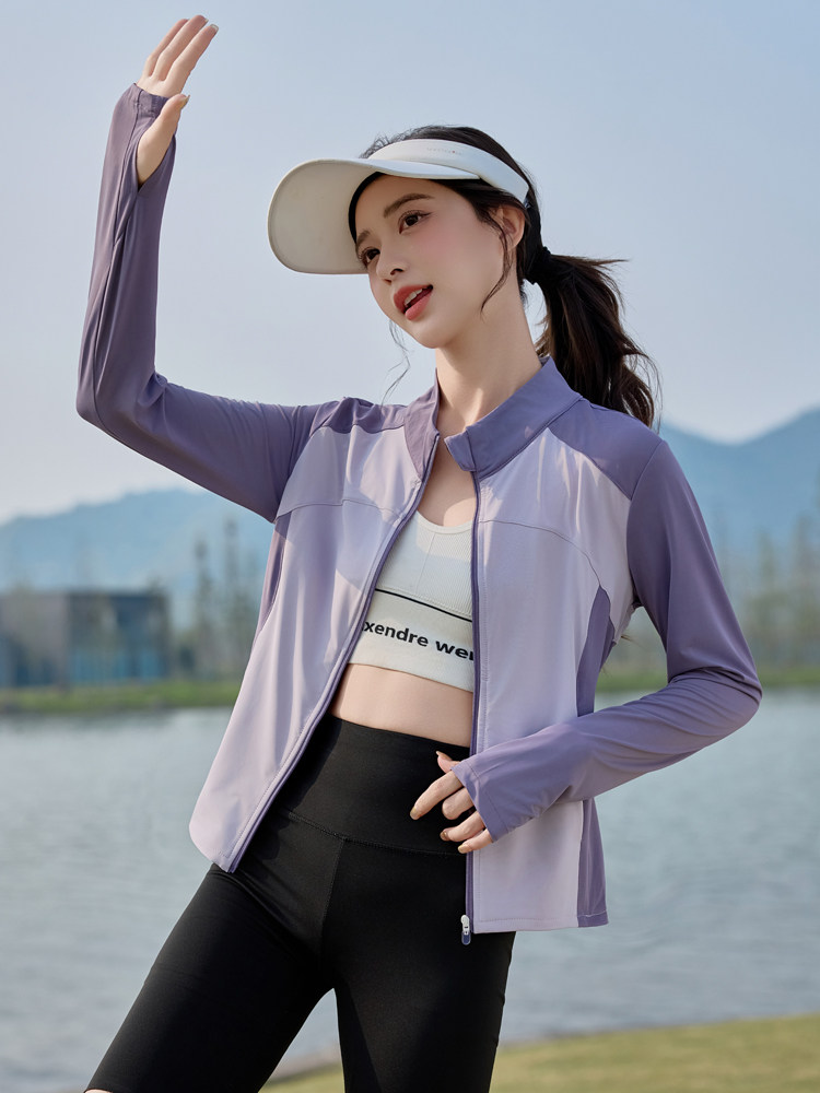 夏季冰丝透气户外防晒衣女2025新款时尚拼色修身瑜伽防晒服薄外套,女装防晒衣,悦祺