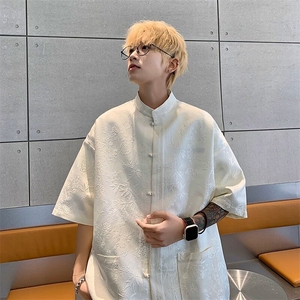 新中式汉服短袖衬衫男夏季风潮牌百搭唐装汉服宽松休闲半袖衬衣图片
