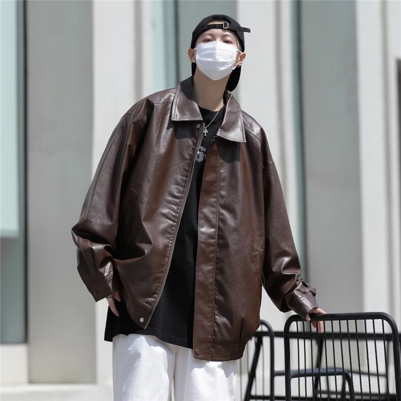 WJ6690-P70复古pu皮夹克秋冬痞帅小众设计感高街宽松潮流皮夹克,男装皮衣,电商C233