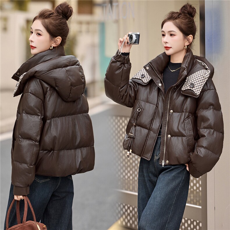2025年冬季pu皮90白鸭绒连帽羽绒服,女装羽绒服,艾尚靓装