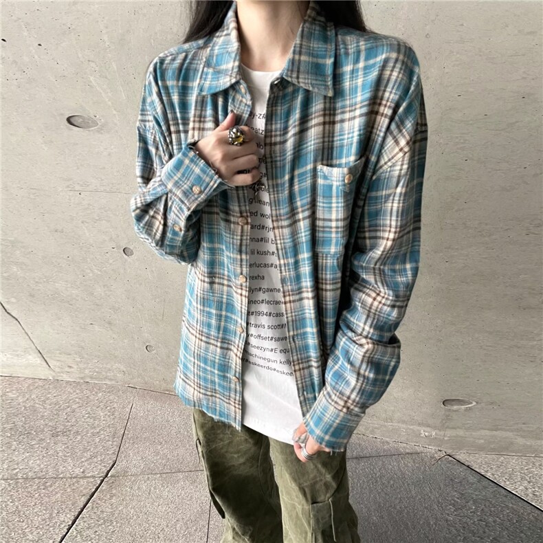 美式复古流苏破坏蓝格子长袖衬衫男款设计感春秋季情侣装衬衣外套图片