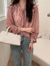 夏季新款韩系碎花花边小衫，其它，三文鱼
