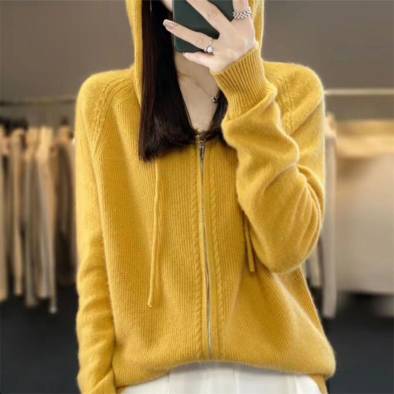 双拉链休闲连帽100纯羊毛开衫女宽松外套春秋绿色针织衫羊绒帽衫,针织衫/毛衣,萱芳婷羊绒
