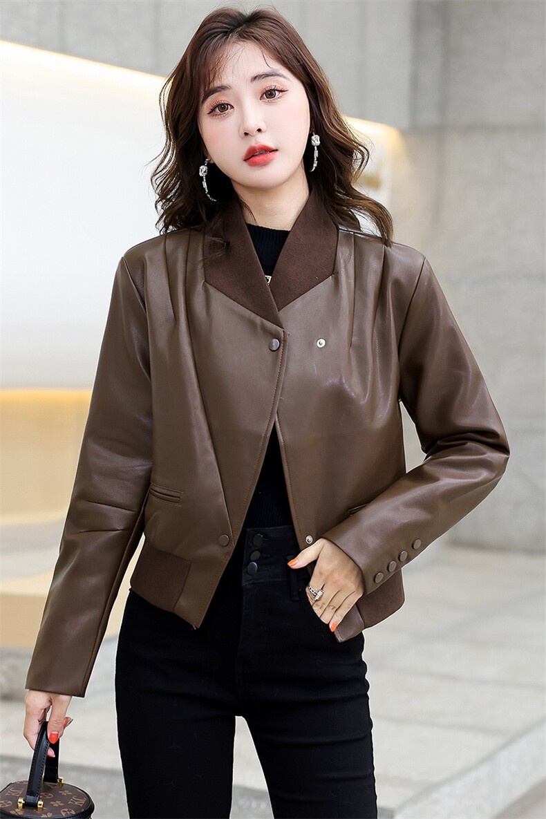 现货秋季潮流新款皮衣短款宽松长袖机车服外套2022拼接皮夹克,女装皮衣,江南女神