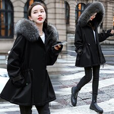 棉衣/棉服2021新款冬仿羊羔毛中长款工装带帽派克服女外套配毛领，女装派克服，瑶迪依秀