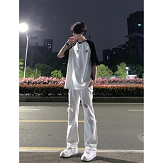 B221美式ins高街简约小众设计毛边破洞牛仔裤LK23067-P60控78，男装牛仔裤，电商B221