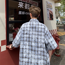 2026夏美式扎染刺绣格子短袖衬衫衬衣五分袖CS1806/特P35咖啡2，男装T恤，电商A094