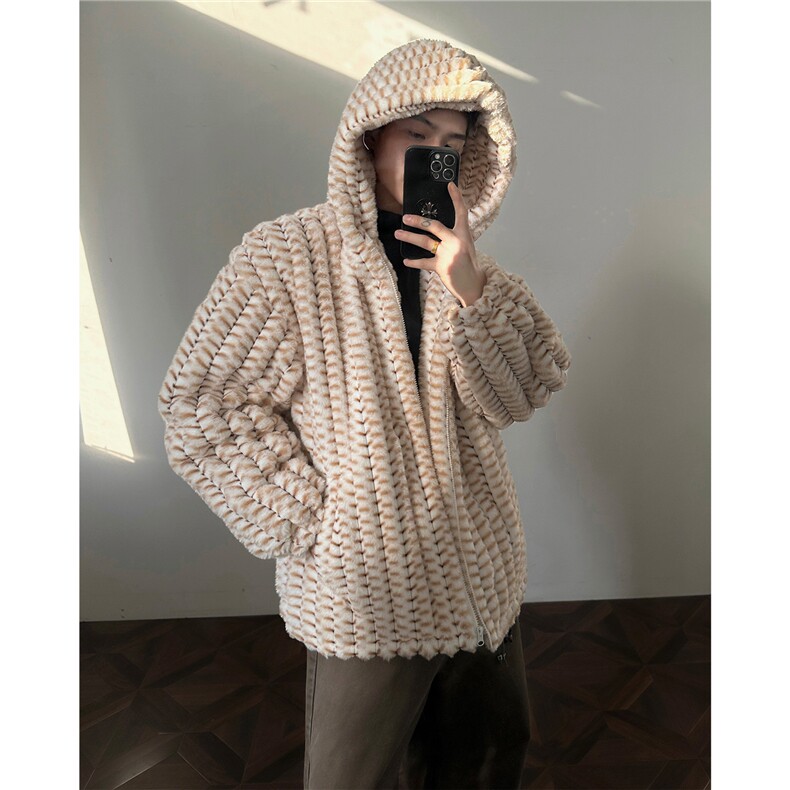 冬季男士棉服兔毛条纹绒虎皮纹宽松加绒加厚外套棉衣特p95图片