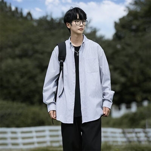 日系蓝白条纹长袖衬衫男女春秋美式小众设计感叠穿衬衣外套-S3024