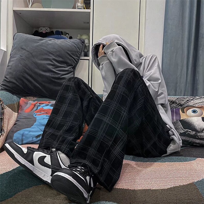 秋季中性格子裤男潮牌ins高街阔腿休闲裤宽松直筒裤子MK612-P33，男装休闲裤，星座1008-1