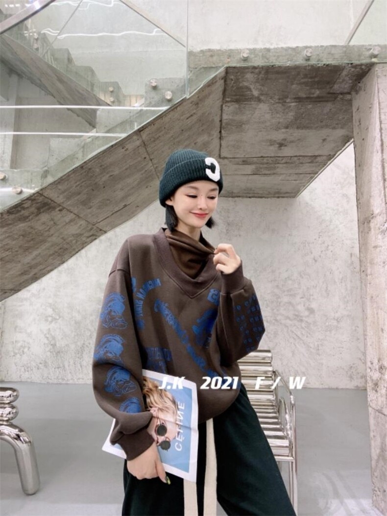 2021冬款加绒假两件卫衣，女装卫衣/绒衫，简蔻