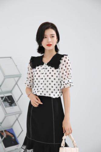现货2021夏季新款娃娃领复古波点衬衫女雪纺衫洋气木耳袖，女装衬衫，秋子丰色(3F)