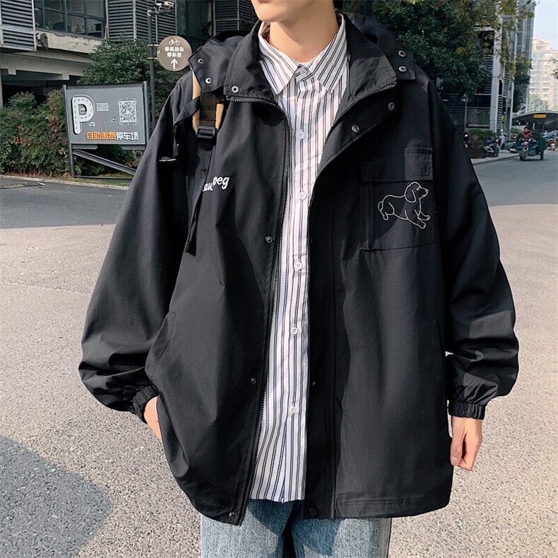 2026春装新款潮男宽松连帽绣花工装夹克外套 JK6899/特P65 黑色8图片