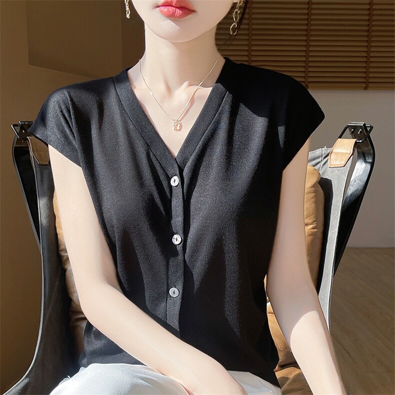 v领新款针织女无袖纯色简约百搭宽松套头上衣内开衫,针织衫/毛衣,绒宛羊绒