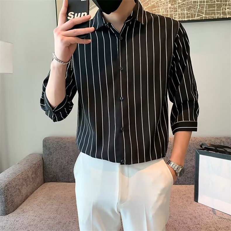 百搭衬衫标准简约ins条纹春季潮男原宿新款七分袖潮流C156-3,男装衬衫,星座1116A-2（原606A-1）