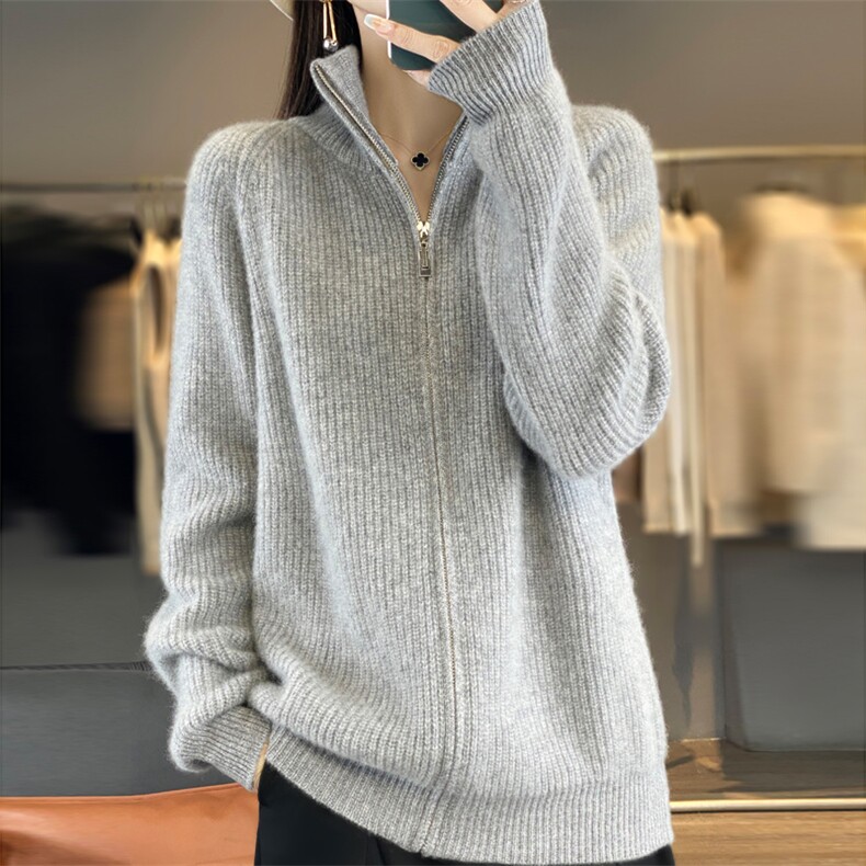 2025年秋季通勤加厚桂花针拉链开衫时尚百搭通勤,女装羊毛衫,大美人包芯纱店