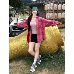 TC773-P45慵懒风百搭格子长袖衬衫女装新款中长款宽松显瘦衬衣图片