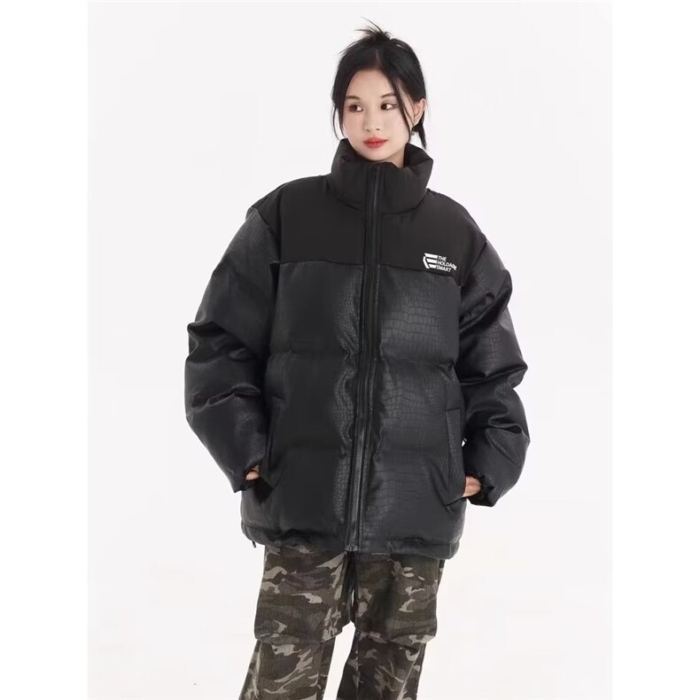 2025冬季新款美式街头复古PU皮鳄鱼纹拼色立领面包棉服外套男女潮,男装棉衣,星座1210-1