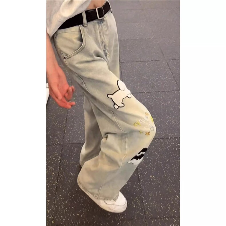 【有货】DA440-批53美式高街涂鸦小狗刺绣牛仔裤男青少年直筒长裤,男装牛仔裤,星座603-2