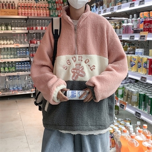 新款大码M-3XL羊羔毛卫衣加厚拼色上衣半拉链宽松外套 W2241-P55图片