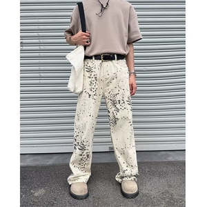 春秋季新款豹纹直筒牛仔裤男款潮牌宽松复古拖地裤图片