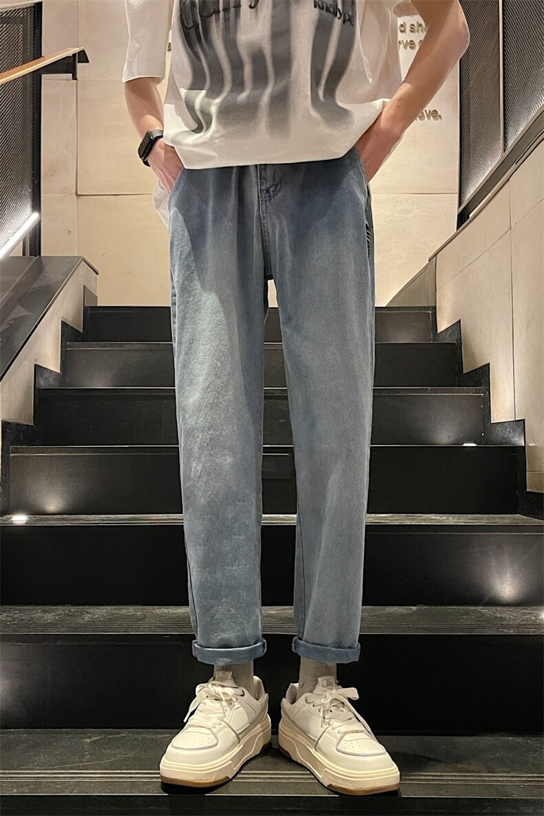 港风牛仔裤男宽松直筒ins潮夏季新款休闲长裤九分阔腿裤,男装牛仔裤,电商A409-1