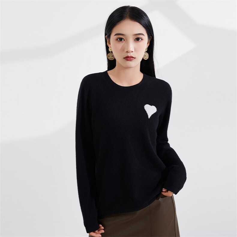 2024秋装新款简约套头女士针织打底爱心图案羊绒衫，女装羊绒衫，恒爱羊绒