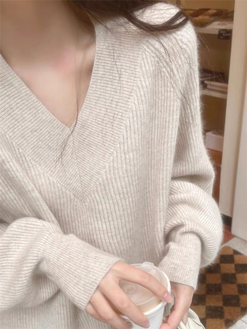 V领毛衣女宽松慵懒风秋冬百搭韩版针织打底衫内搭上衣,女装羊毛衫,思途羊绒