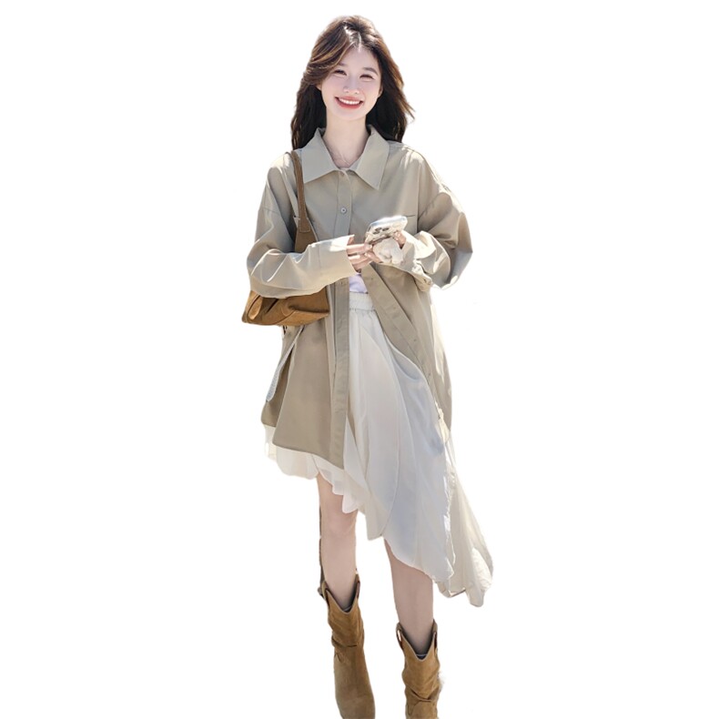 卡其色复古长袖外穿衬衫女秋2025新款韩版宽松显瘦小个子气质衬衣，女装衬衫，2C159