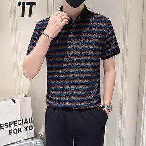 店主风社会小伙男士高级感条纹亮面翻领POLO衫301A-1/PL118/P53图片