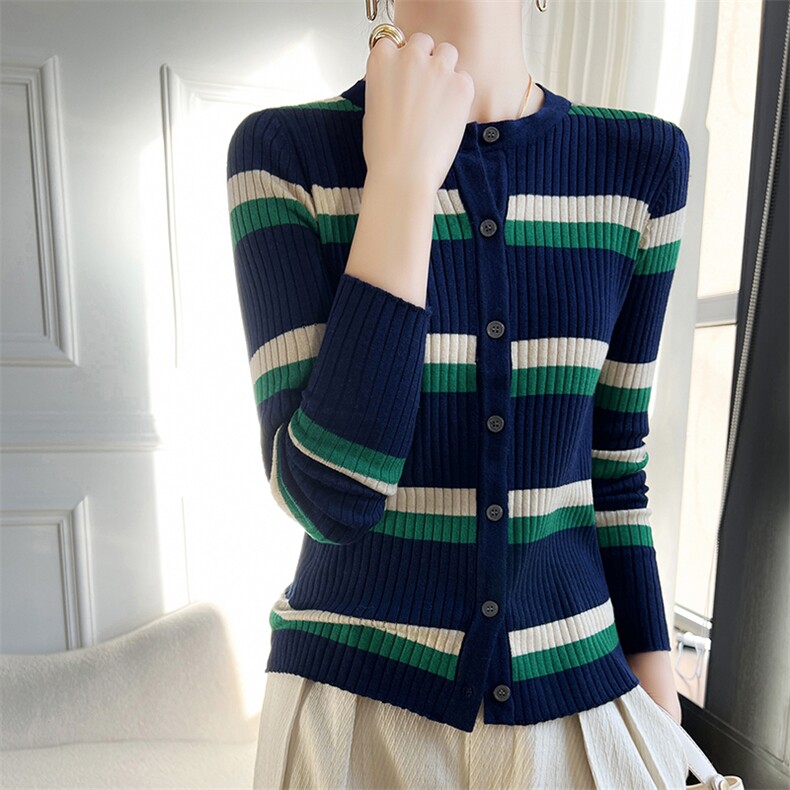 圆领开衫条纹单排扣2025年春季长袖针织衫，女装羊毛衫，蚂蚁派对工厂直营店