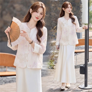 主推现货重工艺新款新中式春夏提花刺绣设计感时尚气质减龄两件套，女装套装/套裙，韩美纤衣