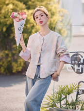 轻奢轻奢新中式国风宋锦提花外套女2025年春季新款新中式唐装夹克，女装短外套，E百度