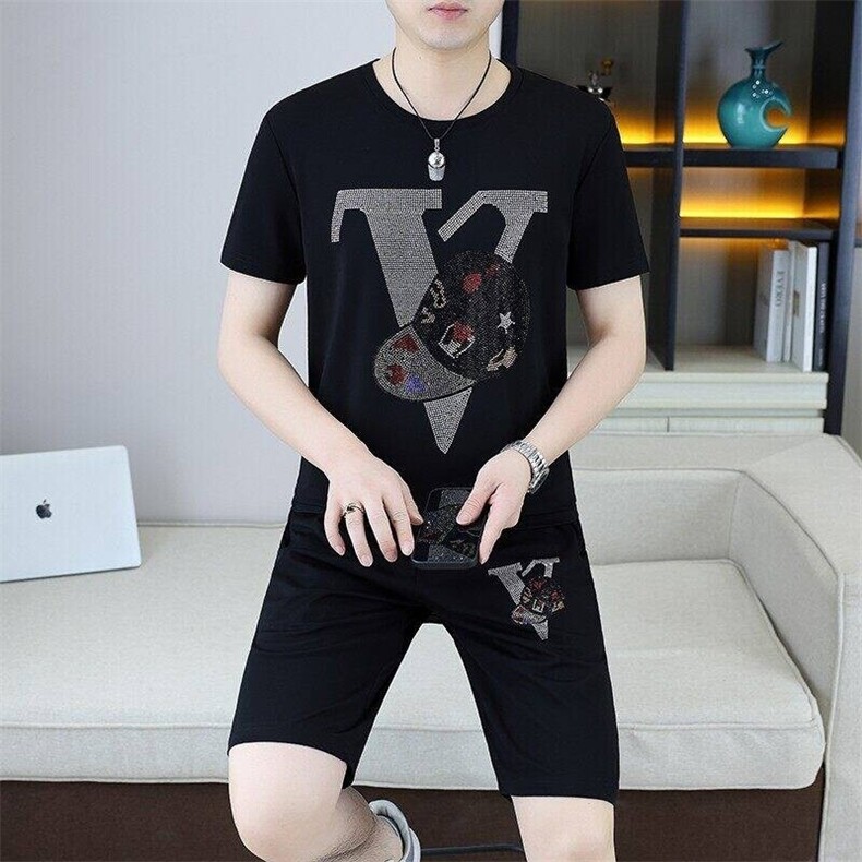 25325-P75冰丝套装男欧货时尚数码印花休闲短袖t恤两件套短裤一套,男装牛仔裤,电商D310B-1