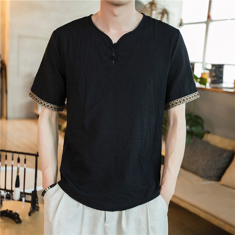 686特P23咖啡厅潮流V领盘扣风宽松薄款七分短袖棉麻T恤,男装T恤,电商A026