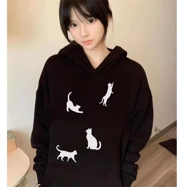 C0239-P55猫咪印花连帽卫衣女黑色简约宽松学生上衣外套男女款,女装卫衣/绒衫,星座617A-2
