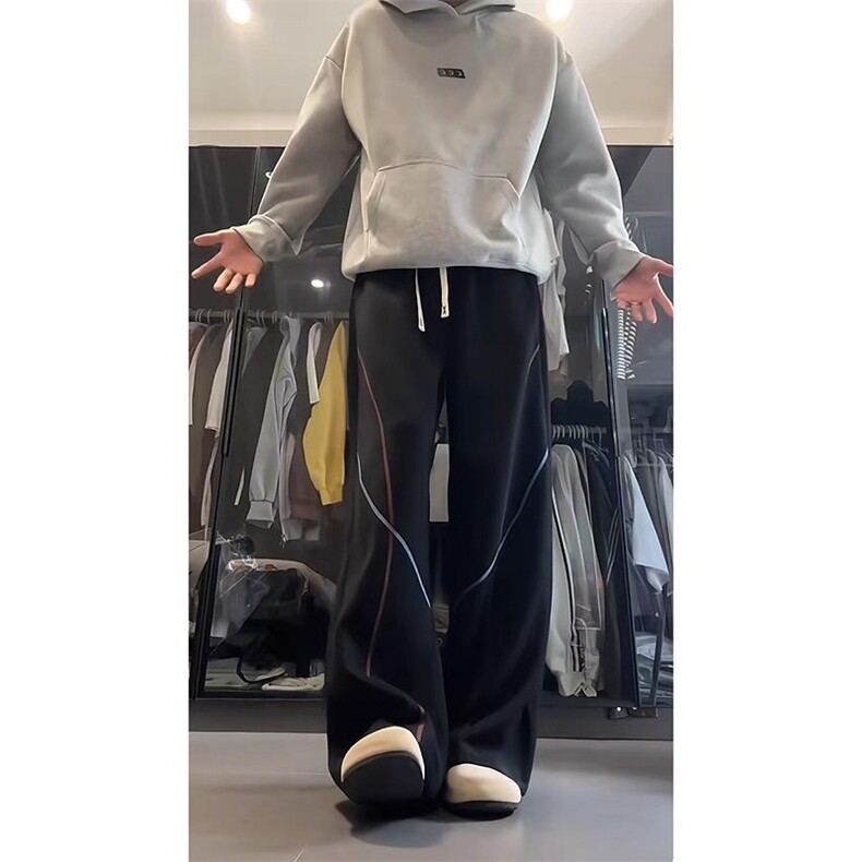 重磅藏青色明线弯刀卫裤男女秋季舒适显高休闲裤宽松运动阔腿裤子图片