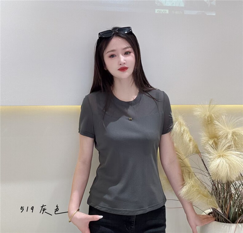 2025简约百搭高端圆领蕾丝网纱打底衫,女装T恤,雪兔电商全品类
