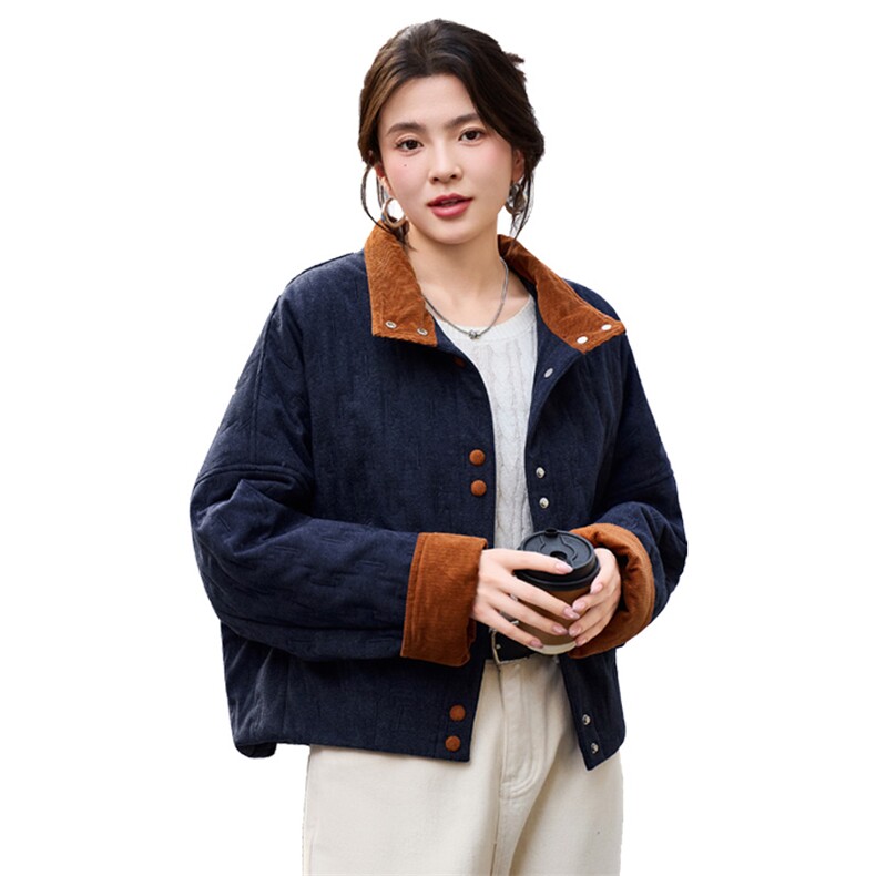 2025年冬季灯芯绒撞色翻领拼接夹棉棉服短外套棉衣,女装棉衣/棉服,简韵佳