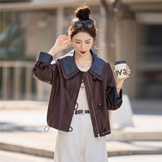 【春季女装新款】大量现货牛仔相拼短款皮衣外套P125-K210，女装皮衣，简古