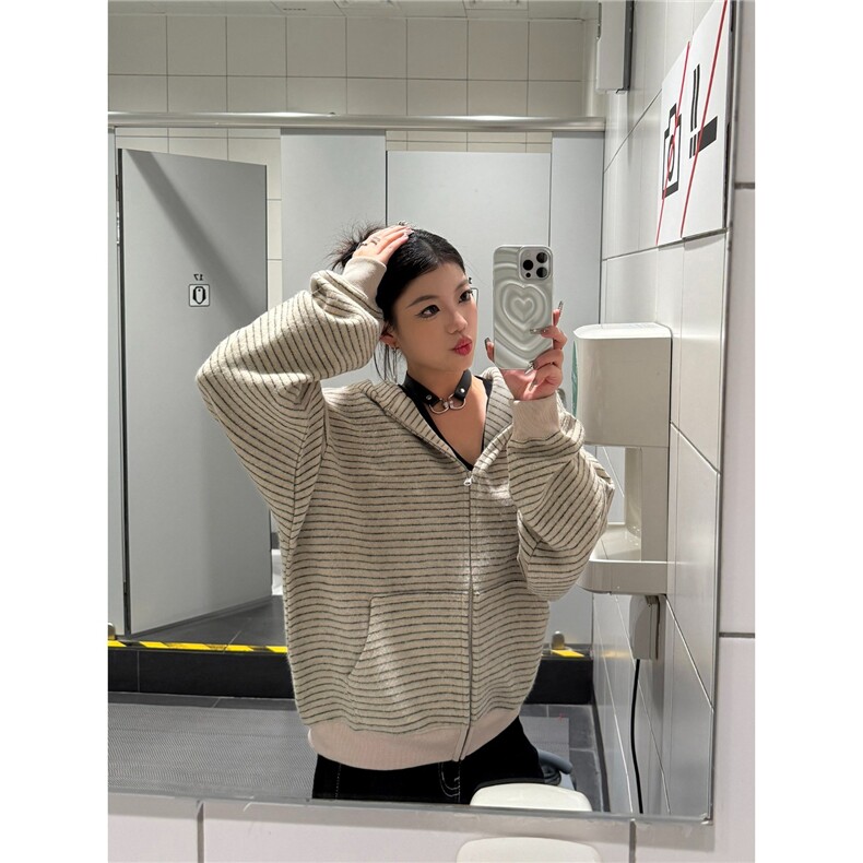 美式复古条纹拉链开衫连帽卫衣男女宽松休闲百搭情侣外套WY66,女装短外套,星座516A