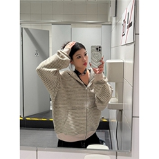 美式复古条纹拉链开衫连帽卫衣男女宽松休闲百搭情侣外套WY66，女装短外套，星座516A