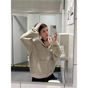 美式复古条纹拉链开衫连帽卫衣男女宽松休闲百搭情侣外套WY66图片