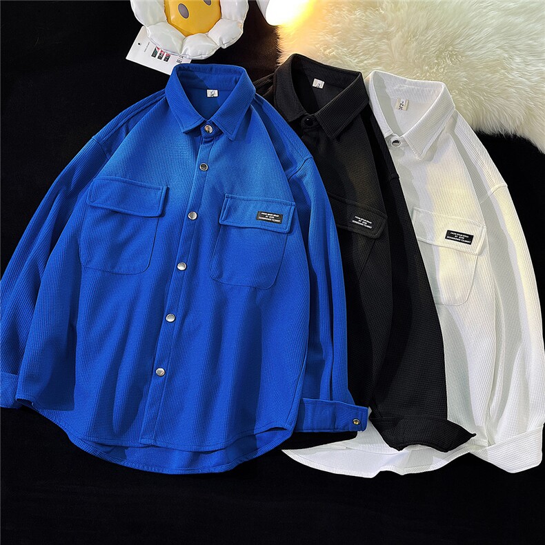 1港风平铺华夫格工装长袖衬衫女大码情侣长袖衬衫男CS7754P45控68，男装衬衫，星座226-2