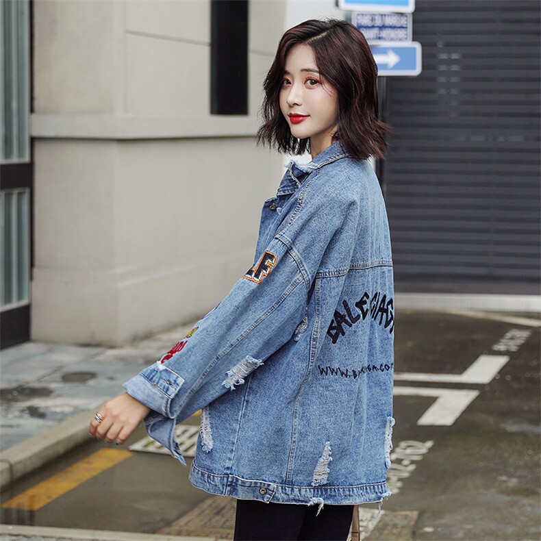 重工OVERSIZE刺绣牛仔外套女春秋新款宽松显瘦破洞，女装短外套，潮品会