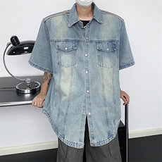 夏款男短袖牛仔衬衫渐变色三条杠条纹拼接衬衣有垫肩CS989P65，男装衬衫，星座1013-1