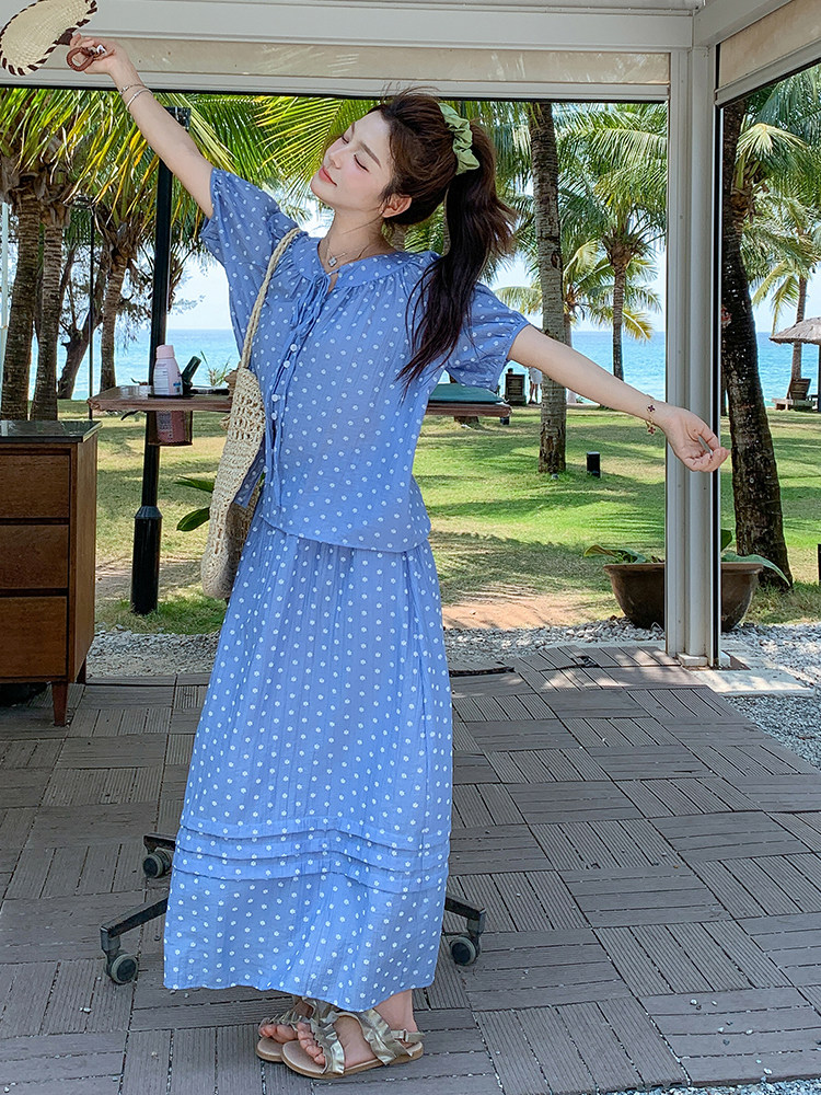 盐甜系度假风波点套装裙女2025夏新款短袖衬衫半身裙小个子两件套,女装套装/套裙,浙宝305