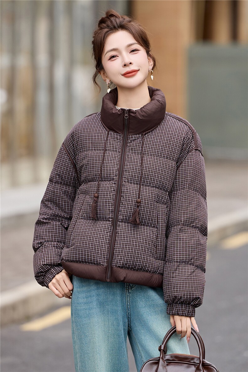 【现货现货】2025冬季新款格子羽绒服短款加厚保暖90白鸭绒面包服,女装羽绒服,一安秀