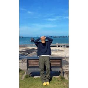 少年感cleanfit纯色编织毛衣男春秋新款宽松圆领长袖拼接针织衫潮图片